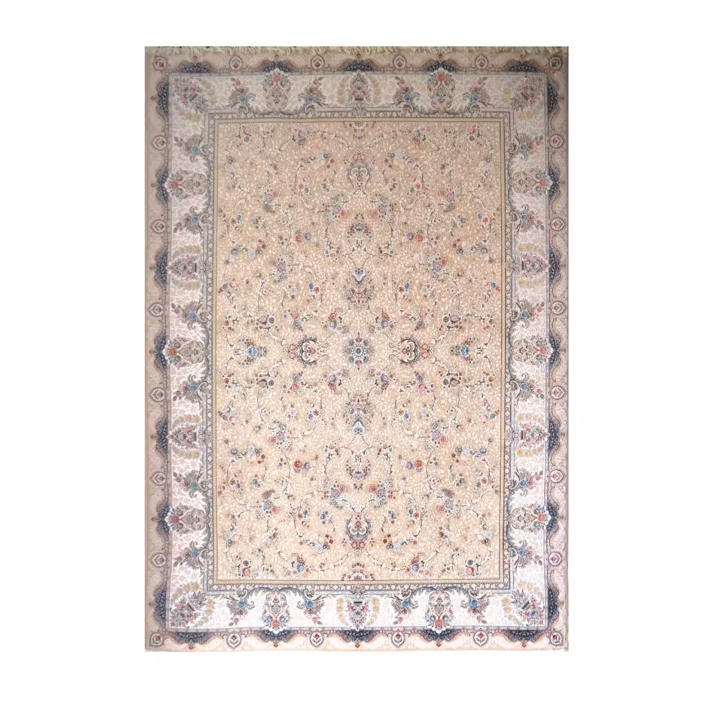 فرش اکرلیک 9 متری 1200 شانه گل برجسته  طلاکوب طرح  ارغوان  رنگ زمینه کرم