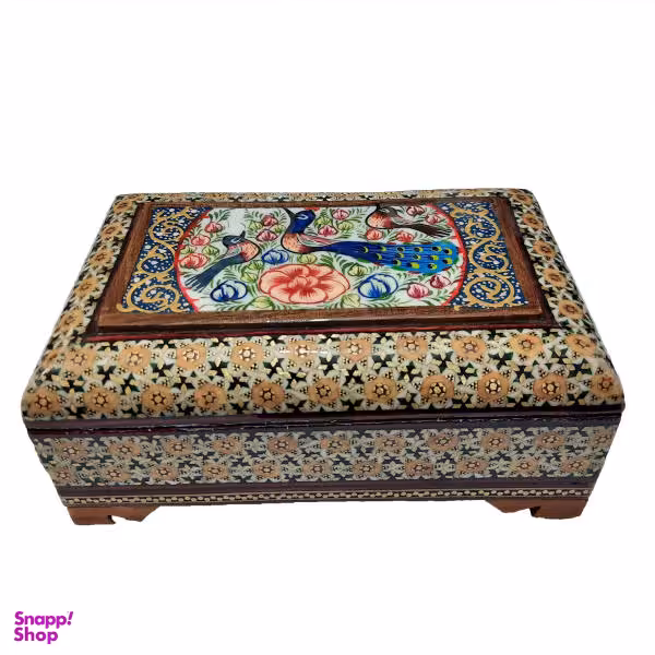 جعبه جواهرات خاتم کاری مدل بغل صاف گل و مرغ کد 78