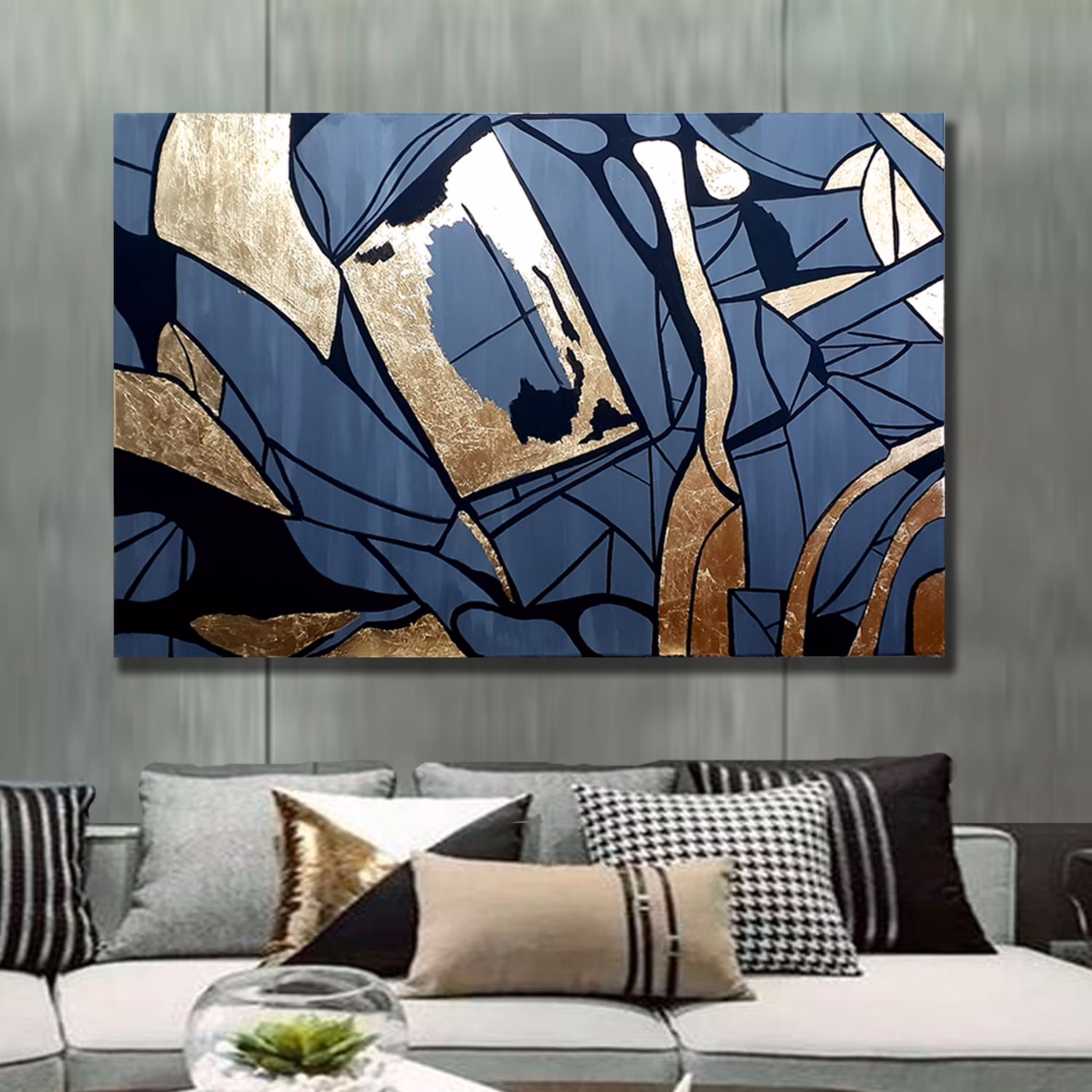 تابلو نقاشی کار شده با ورق طلا در ابعاد 120 در 80 با طرح مدرن
