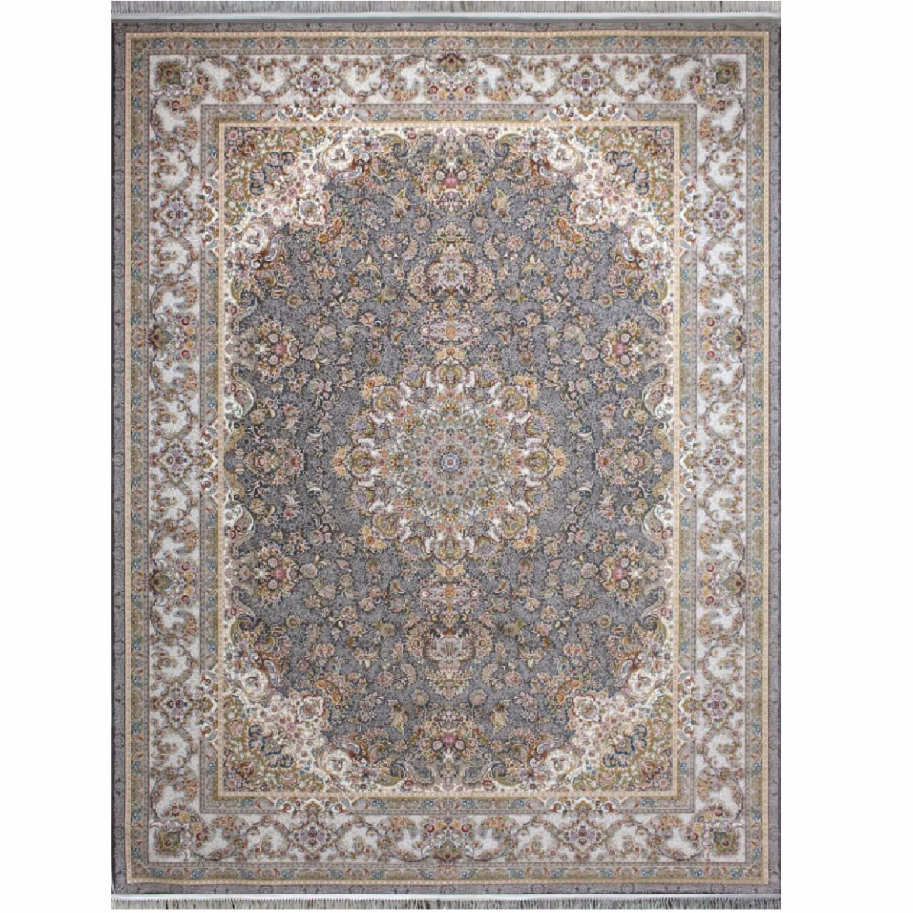 فرش ماشینی افرند 1200 شانه گل برجسته زمینه دودی کد 2244 (یک و نیم متری)