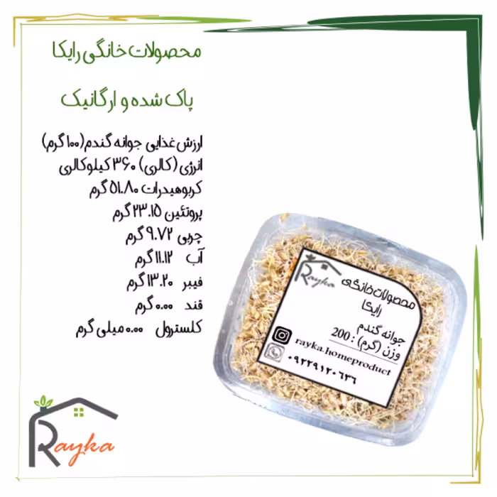جوانه گندم رایکا - کاملاً پاک شده و تمیز (بسته بند ی 200 گرمی)