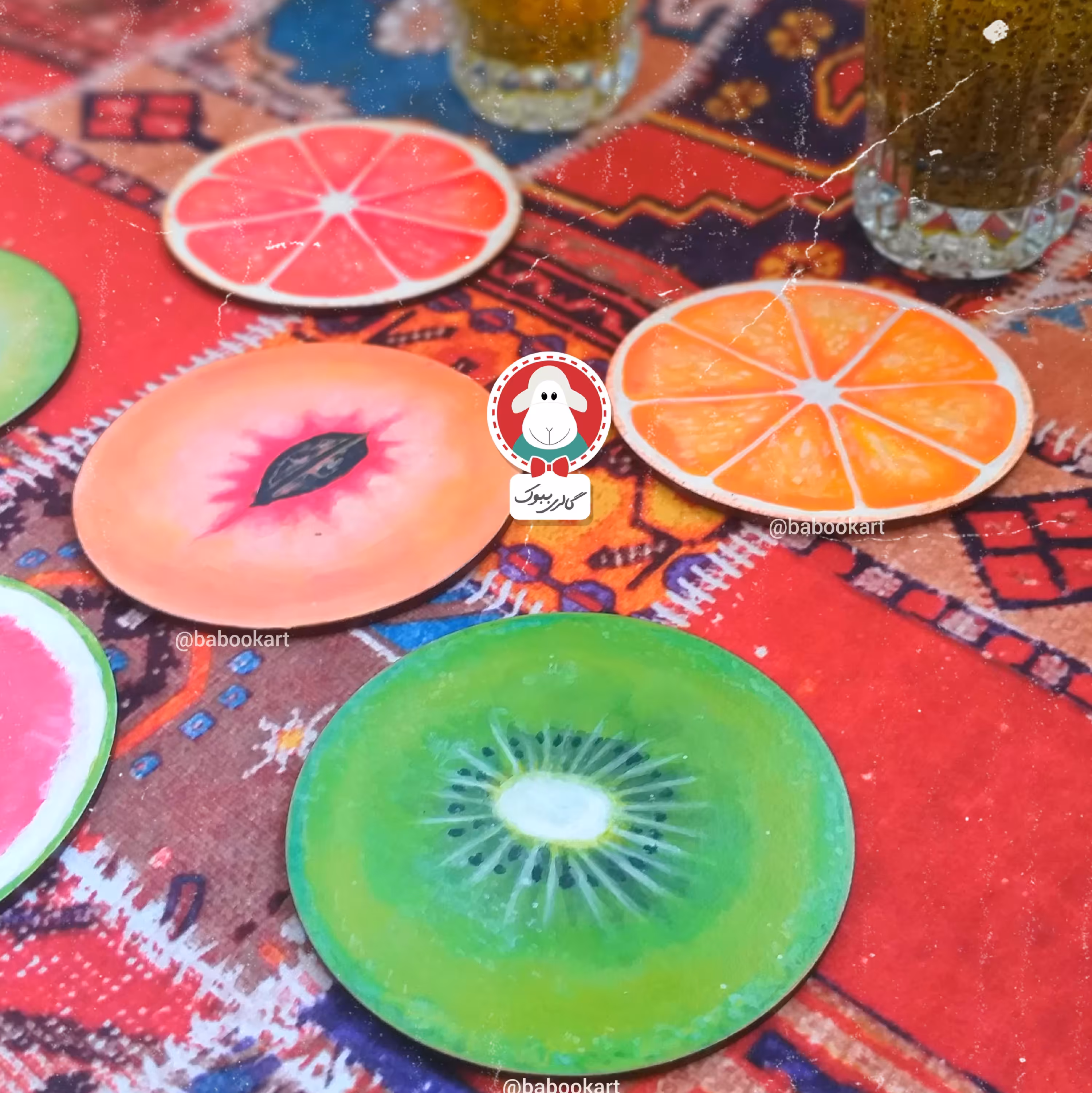 زیرلیوانی 4 عددی چوبی طرح میوه ای 4 طرح به انتخاب مشتری