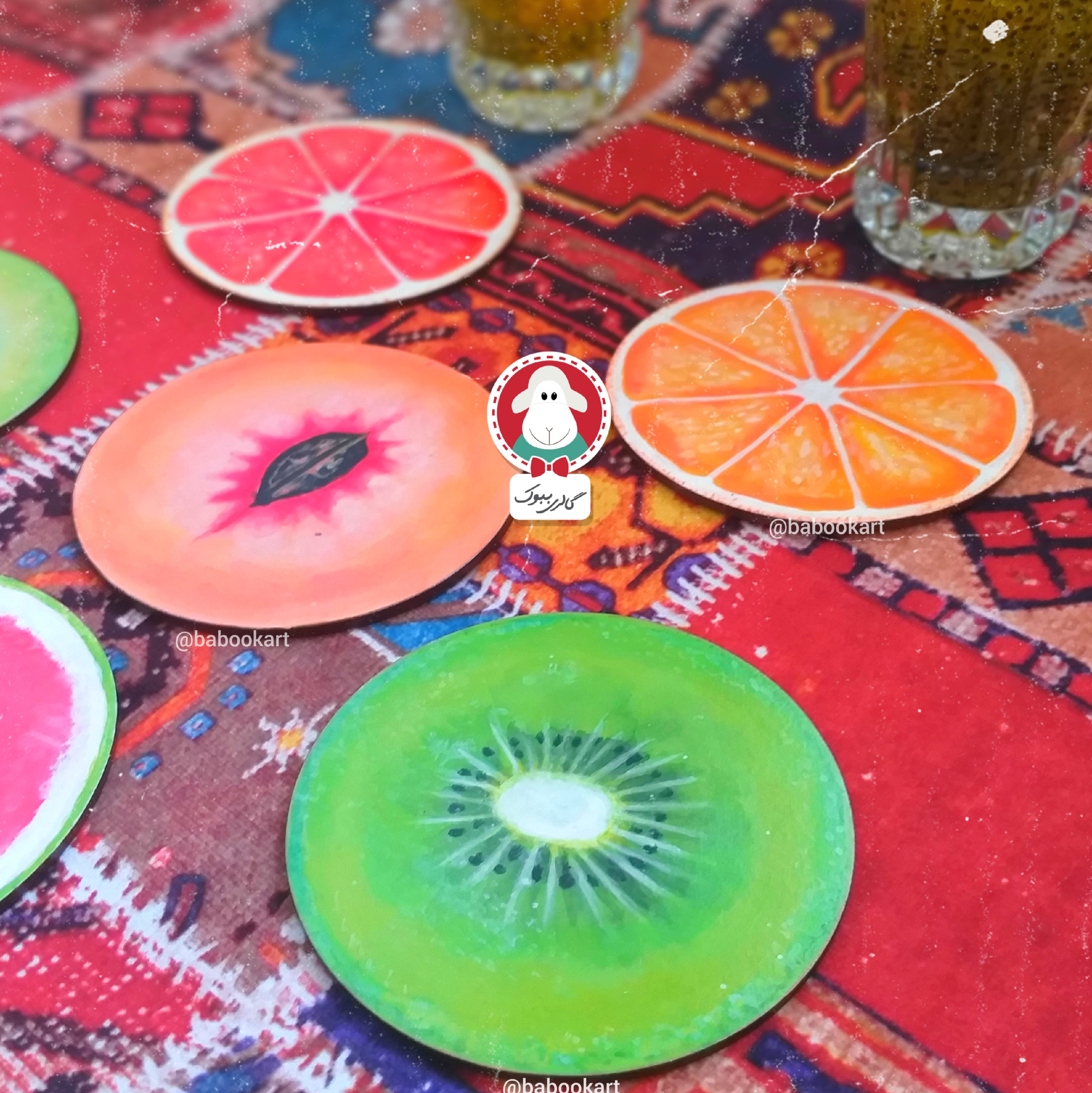 زیرلیوانی 4 عددی چوبی طرح میوه ای 4 طرح به انتخاب مشتری
