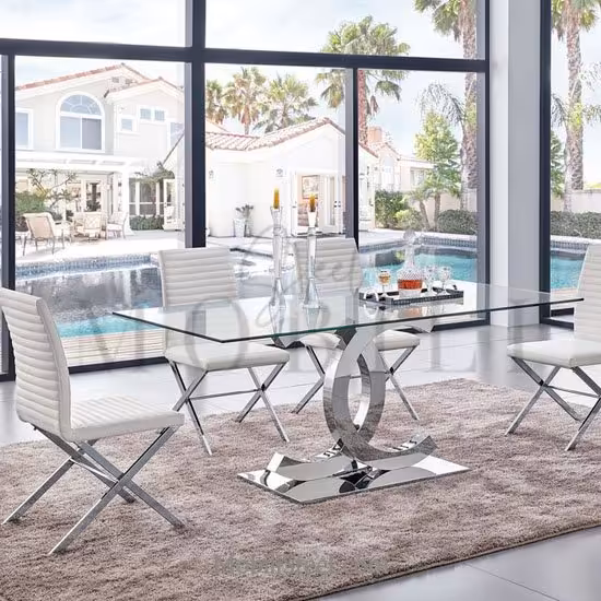 ناهارخوری 6نفره مارال، پایه میز ورق کاری، ابعاد شش نفره، صفحه میز شیشه 6 میلیمتر،