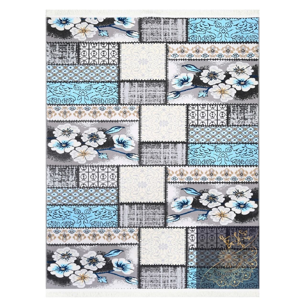 فرش ماشینی مدل چهل تکه زمینه نقره ای سایز (1.5در 2.25چهارمتری) 8 رنگ وزن 10 کیلوگرم