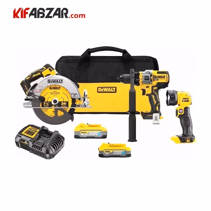 ست دریل شارژی و اره گردبر و چراغ کار 20 ولت دیوالت مدل DCK304E1H1