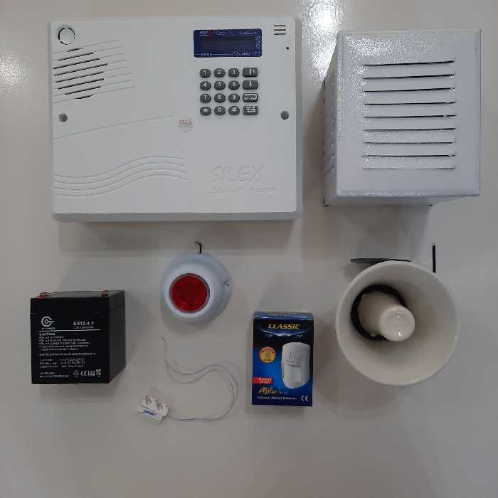 پکیج کامل دزدگیر اماکن برند سایلکس . چشمی کلاسیک .پیزوالکتریک  .بلندگو .کاور بلندگو فلزی . باطری 4.5 آمپر . سنسور مگنت