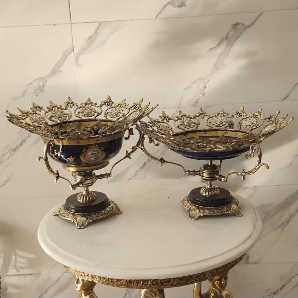 ست پذیرایی کاسه و بشقاب برنزی مدل آفتابگردان پایه سنگی کد 5711