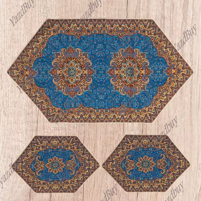 رومیزی ترمه ست 3 تکه طرح نسترن رنگ آبی کیفیت عالی 