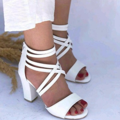 صندل سفید بندی پاشنه بلند مجلسی چرم شیک زنانه دخترانه کفش طبی ده