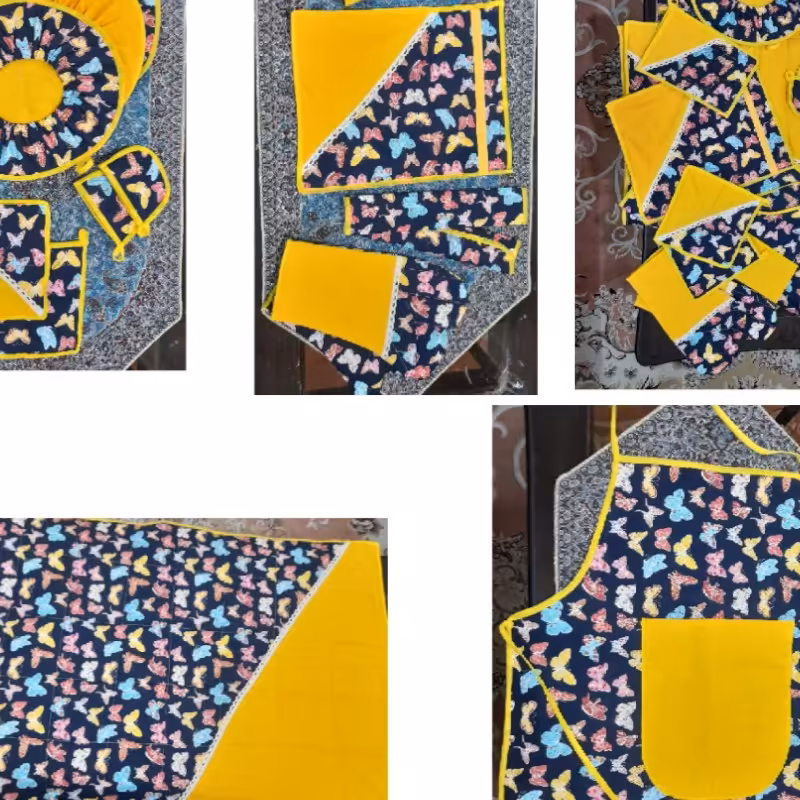 سرویس آشپزخانه سورمه ای پارچه تترون عالی یک جفت دستگیره. نمگیر ظروف. پیشبند. دمکنی. ....