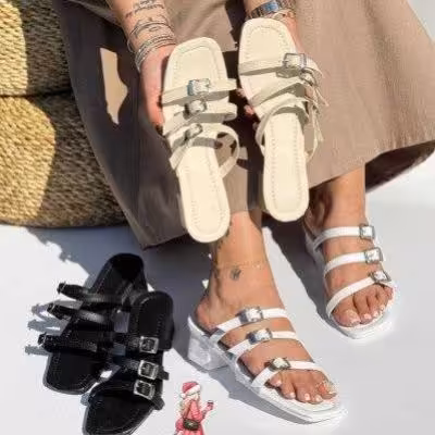 صندل زنانه مدل سه سگکک تابستانه راحتی پاشنه کوتاه