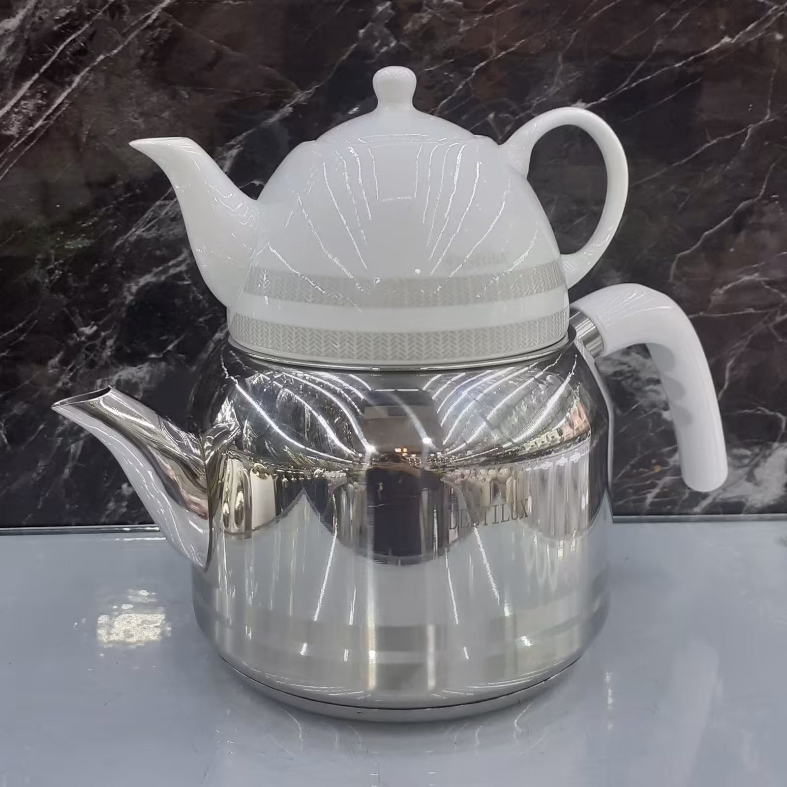 کتری قوری لوله دار دستی لوکس 3لیتری، دسته باکالیت، کف چدن