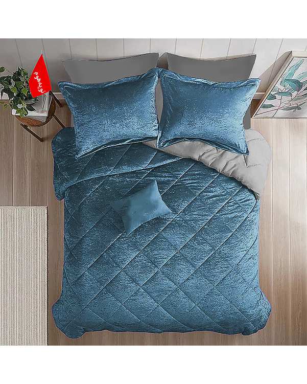 سرویس لحاف روتختی مینیمال مخمل یک نفره 5 تکه نوپه هوم Nopehome طرح لوزی آبی دریایی کد MKH04