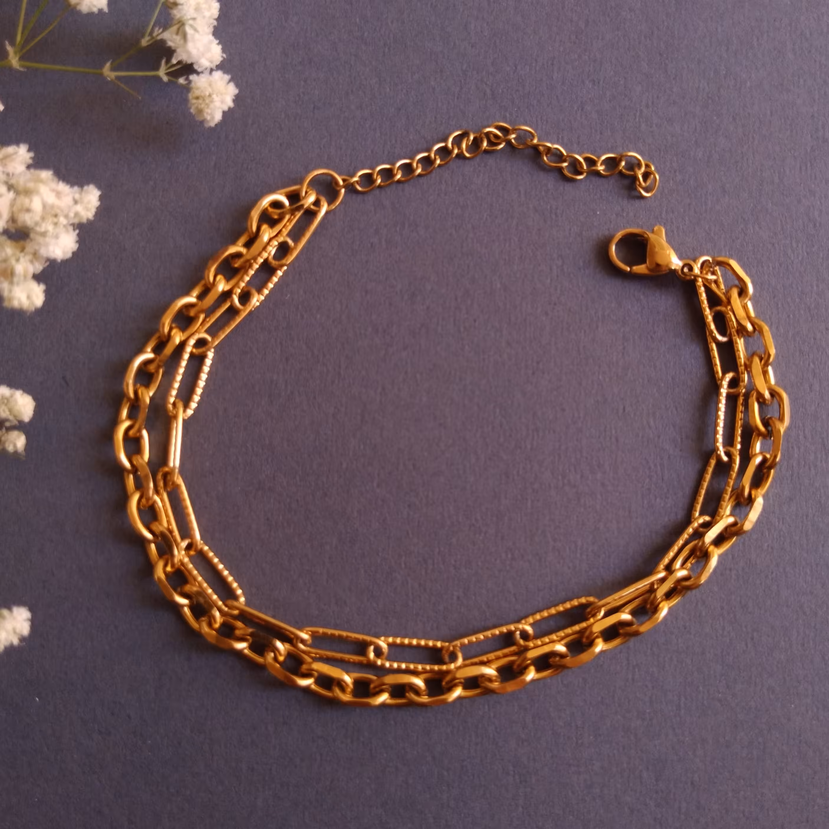 دستبند دولاین با زنجیر خوشگل ،استیل رنگ ثابت دخترانه وزنانه