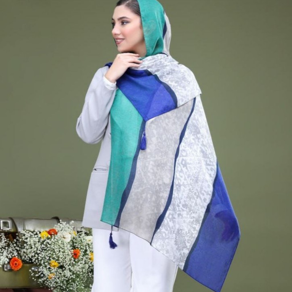 شال نخ پنبه ارسال رایگان منگوله دار سبز آبی بهاره بسیار سبک وخنک