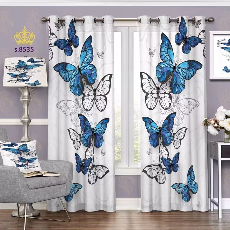 پرده اتاق خواب تصویری طرح پروانه ها دو قواره پانچ آماده کد 8535