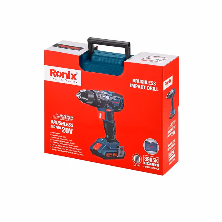 دریل پیچ گوشتی چکشی شارژی براشلس 20 ولت دو باطری مدل 8905K رونیکس