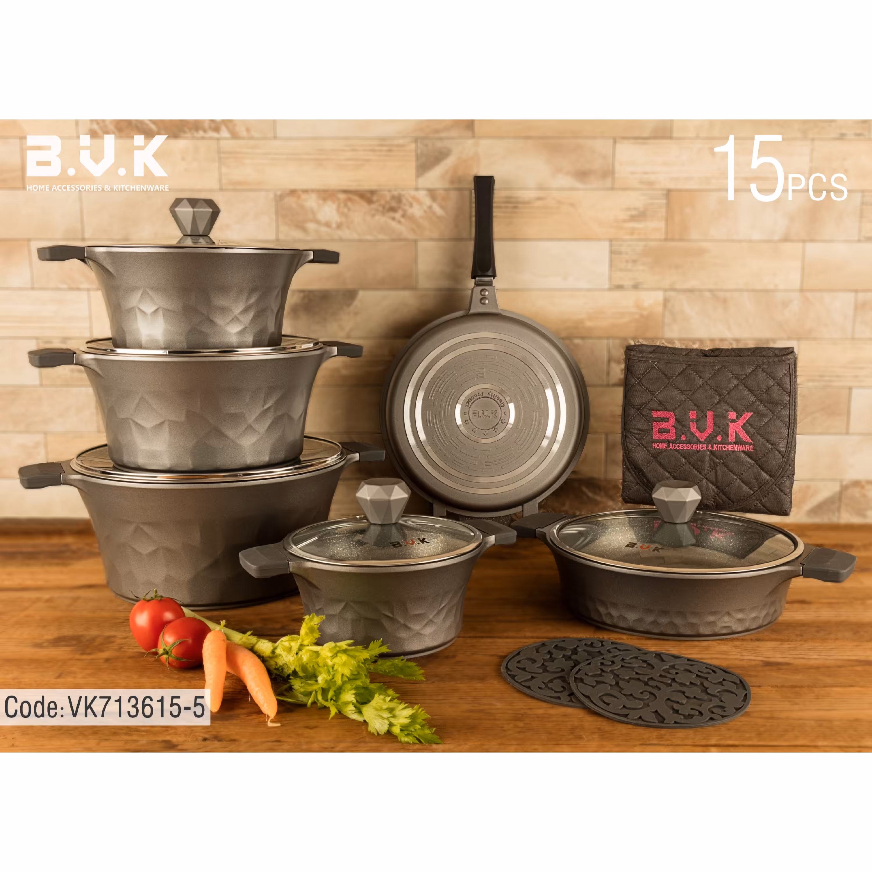 سرویس قابلمه 15 پارچه گرانیت بی وی کی رنگ دودی