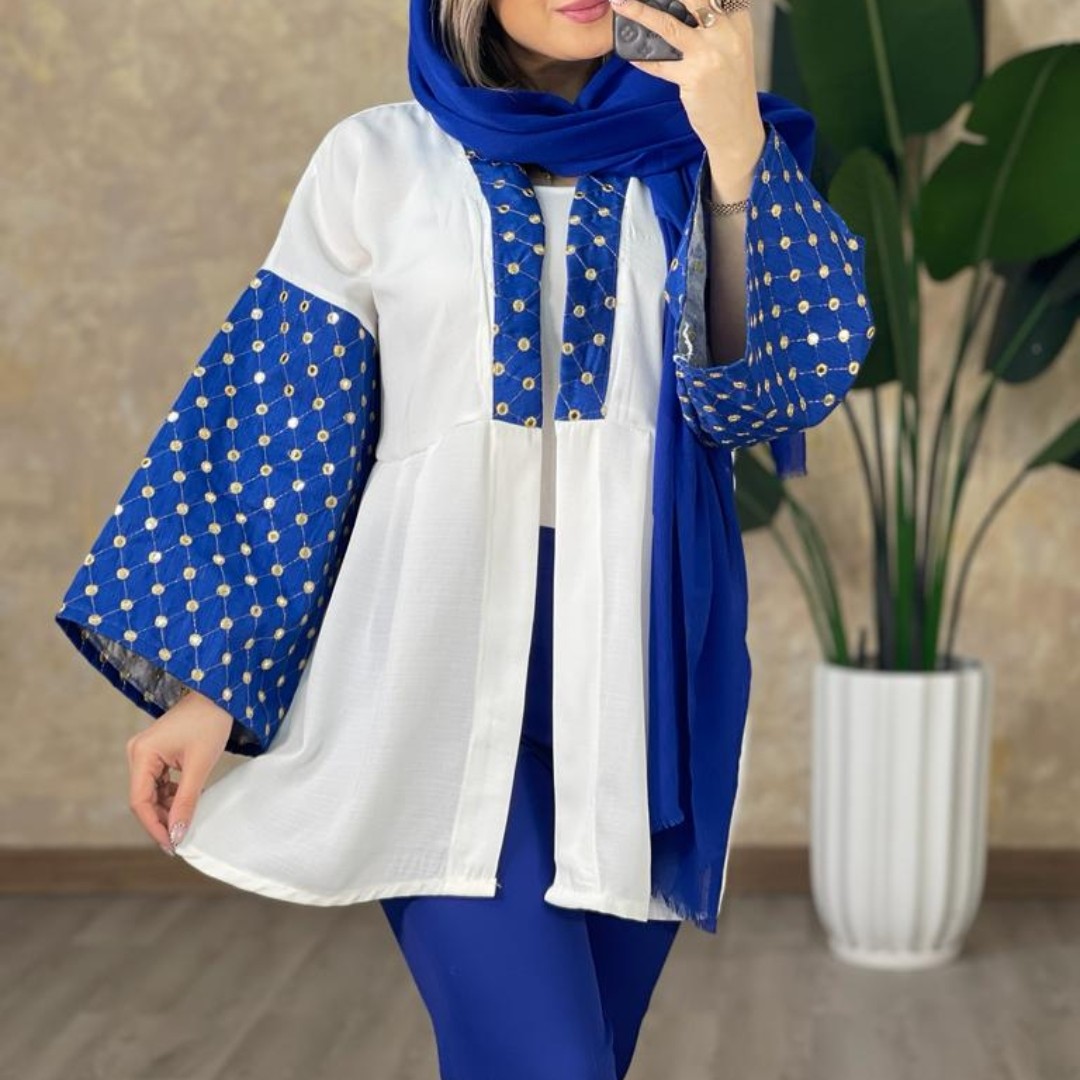 مانتو عروسکی زنانه با خرجکار آینه ای وارداتی آستین کلوش فری سایز از 36 تا 46
