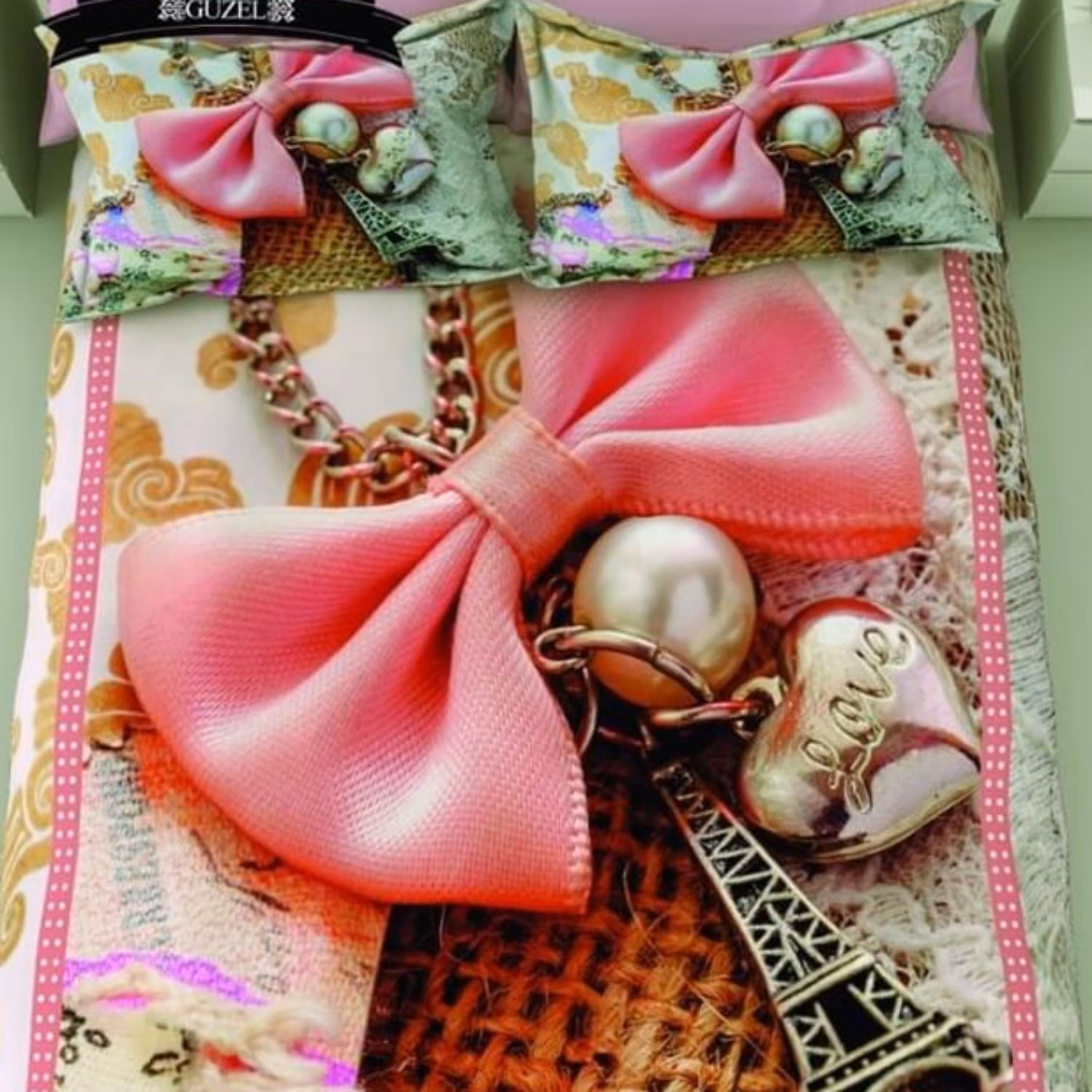 روتختی دو نفره 3 بعدی ترکیه ای طرح پاپیون صورتی و گونی بافت شرکت گوزل ترکیه