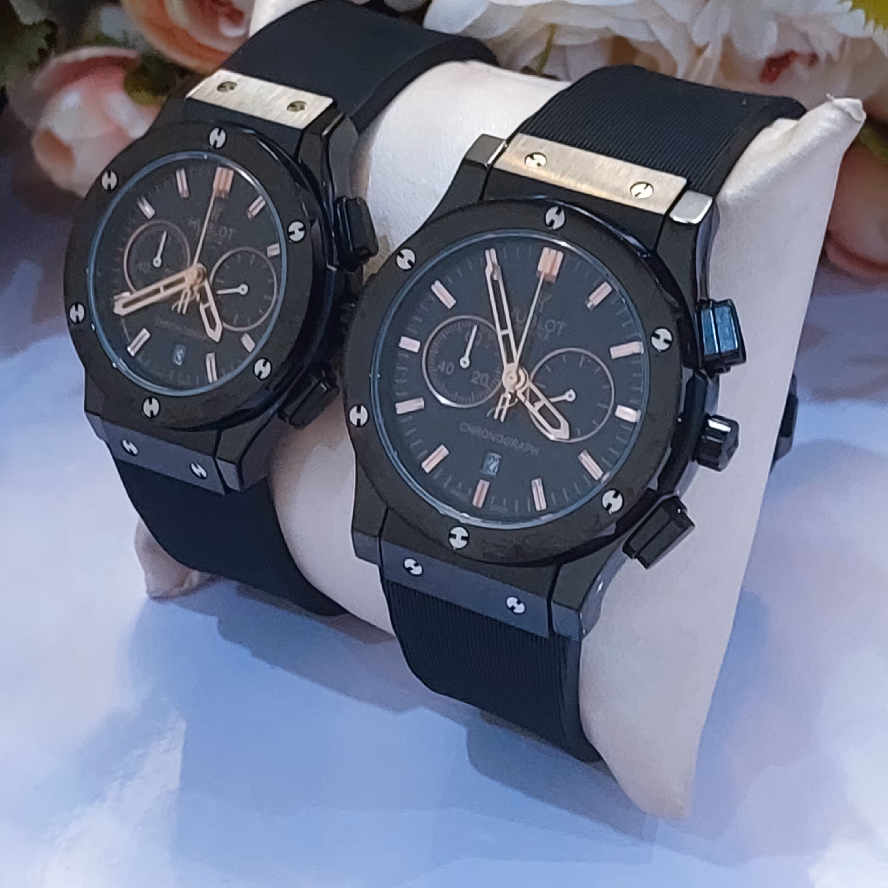ساعت هابلوت ست مردانه و زنانه کرنوگراف سه موتوره فعال  صفحه مشکی اندکس رزگلد کد Hublot 888 75 ژاپن اصل 
