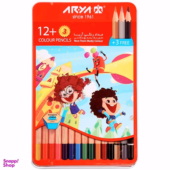 مداد رنگی 3+12 رنگ آریا (Arya) جعبه فلزی