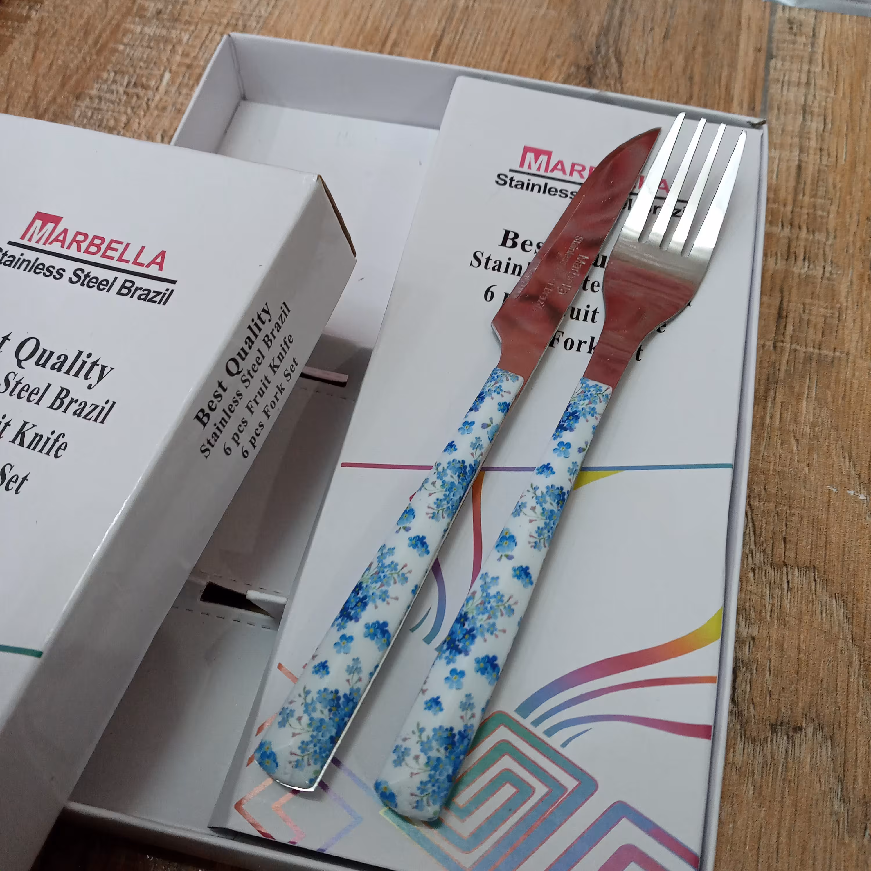 کارد و چنگال میوه خوری طرح سرامیکی مارک ماربلا سه بعدی 6 عدد چنگال و 6 عدد کارد  گل آبی 