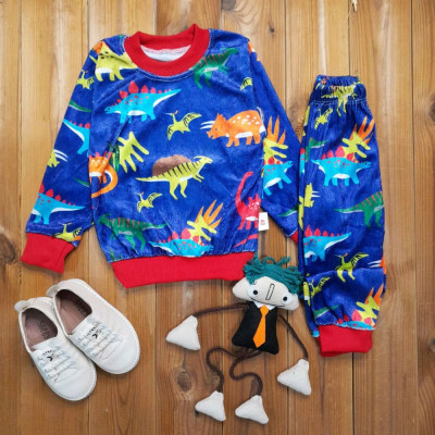 ست بلوز شلوار مخمل اسپرت پاییزی دایناسور مناسب 2 تا 11 سال