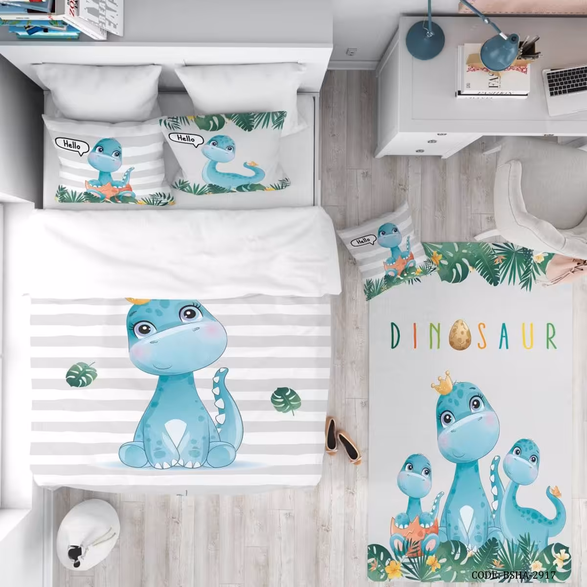 ست روتختی کودک نخ پنبه 100در100طرح دایناسور سفید ابی