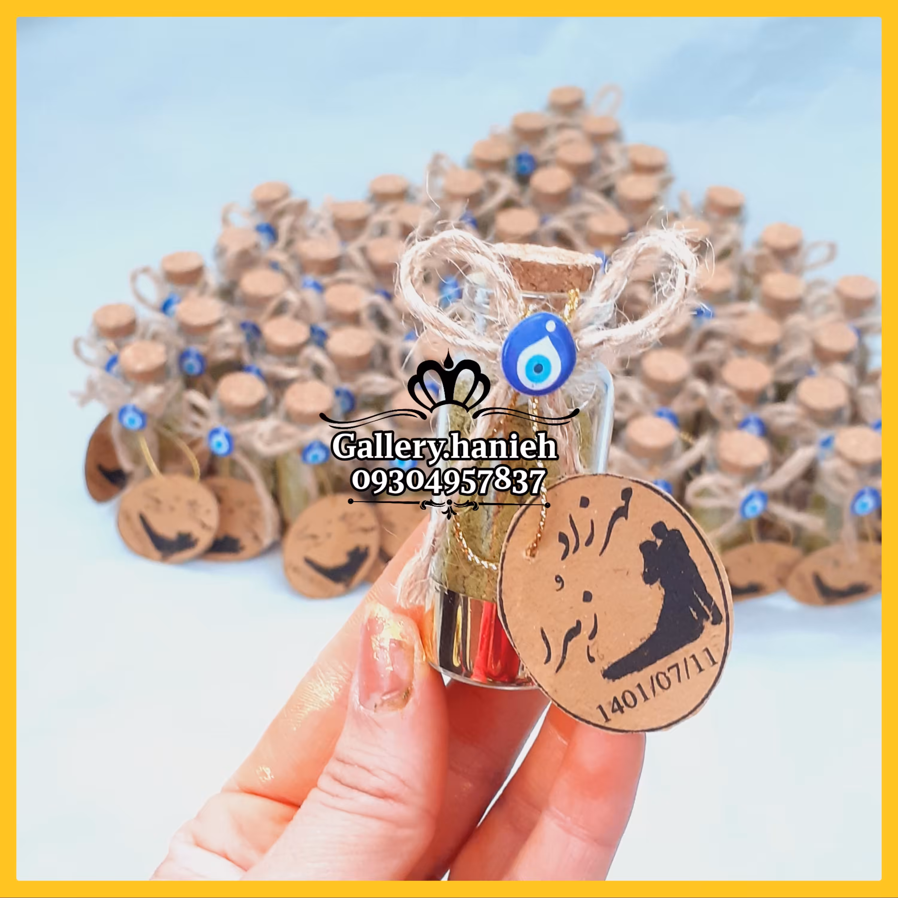 گیفت شیشه و حنا با پاپیون کنفی و چشم نظر 