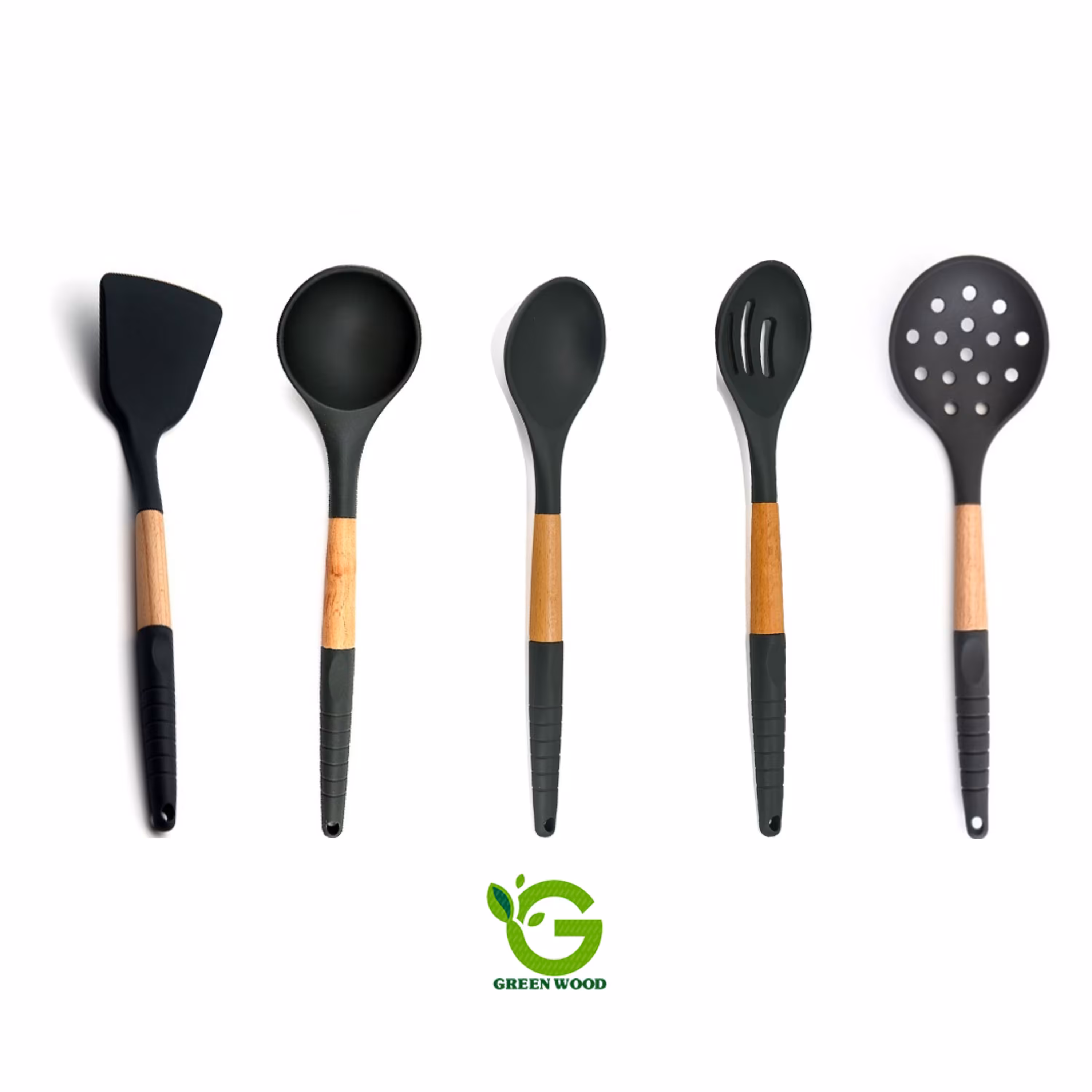 سرویس کفگیر و ملاقه 5 پارچه سیلیکونی دسته بامبو برند شنگیا مدلBlack کدGw40101010