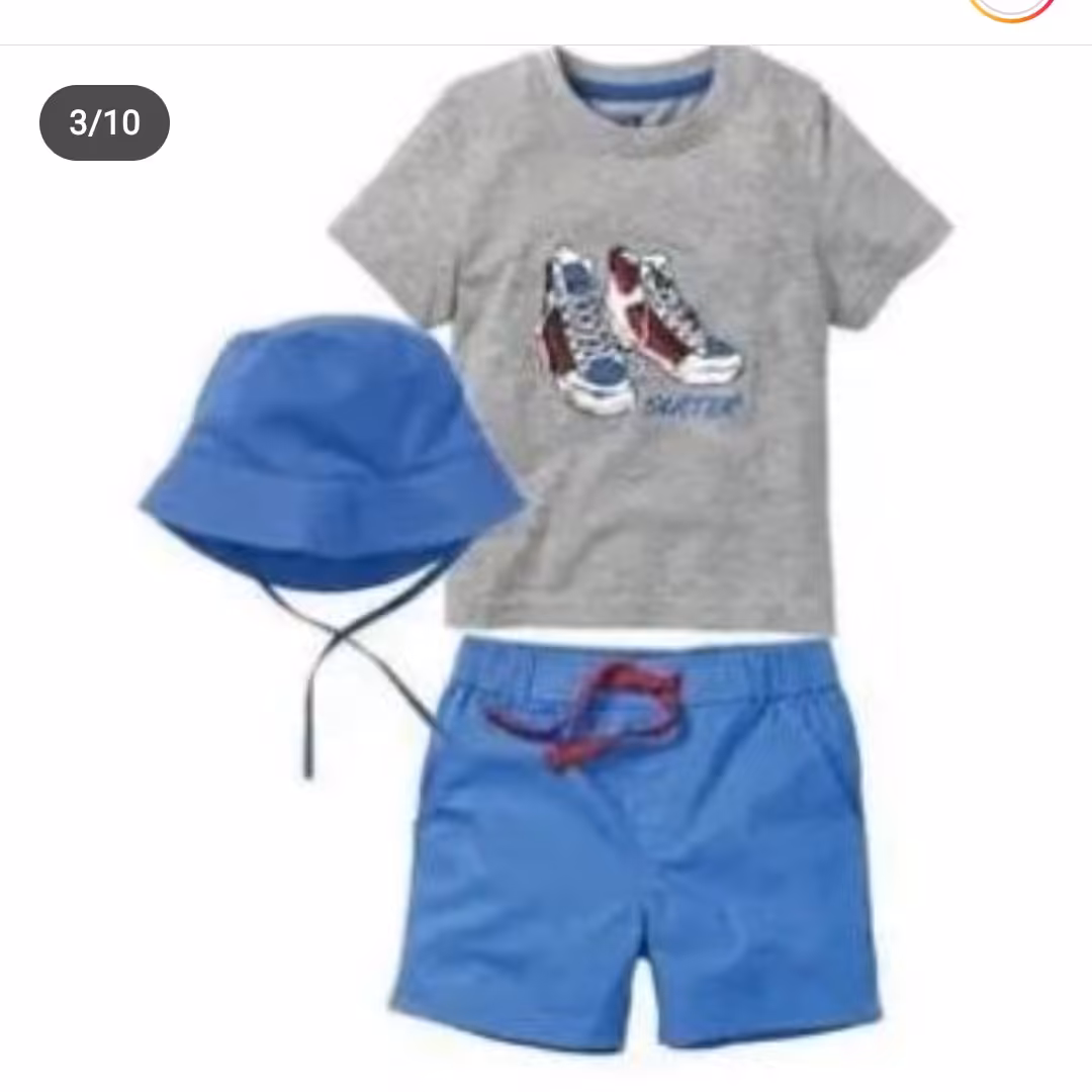 ست لباس سه تیکه برند لوپیلو المان سایز2تا4سال شیک زیبا  کلاه تیشرت و شلوارک