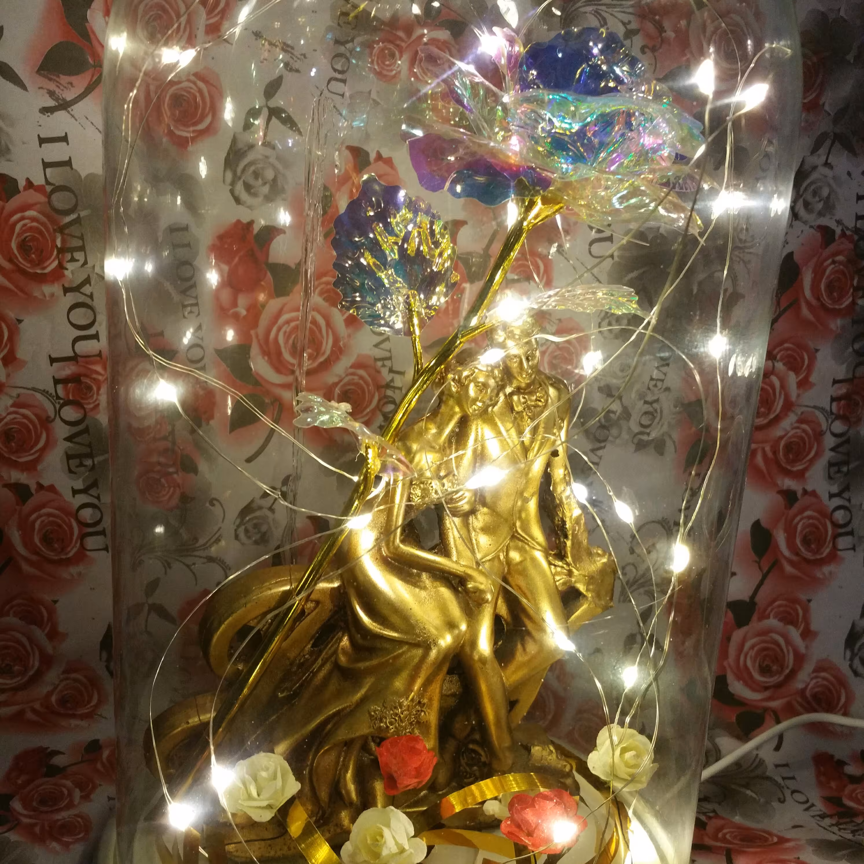 باکس هدیه دختر پسر طلایی وگل هولوگرامی سایز بزرگ چراغ خواب شیک وزیبا 