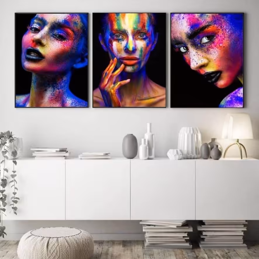 تابلو دکوراتیو مدرن طرح دختر با چهره رنگی سه تکه
