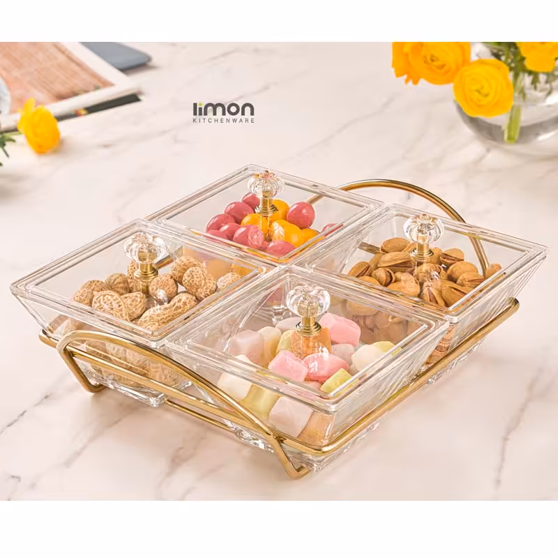 اردو خوری شیشه ای مربع 4 خانه لیمون مدل 2108