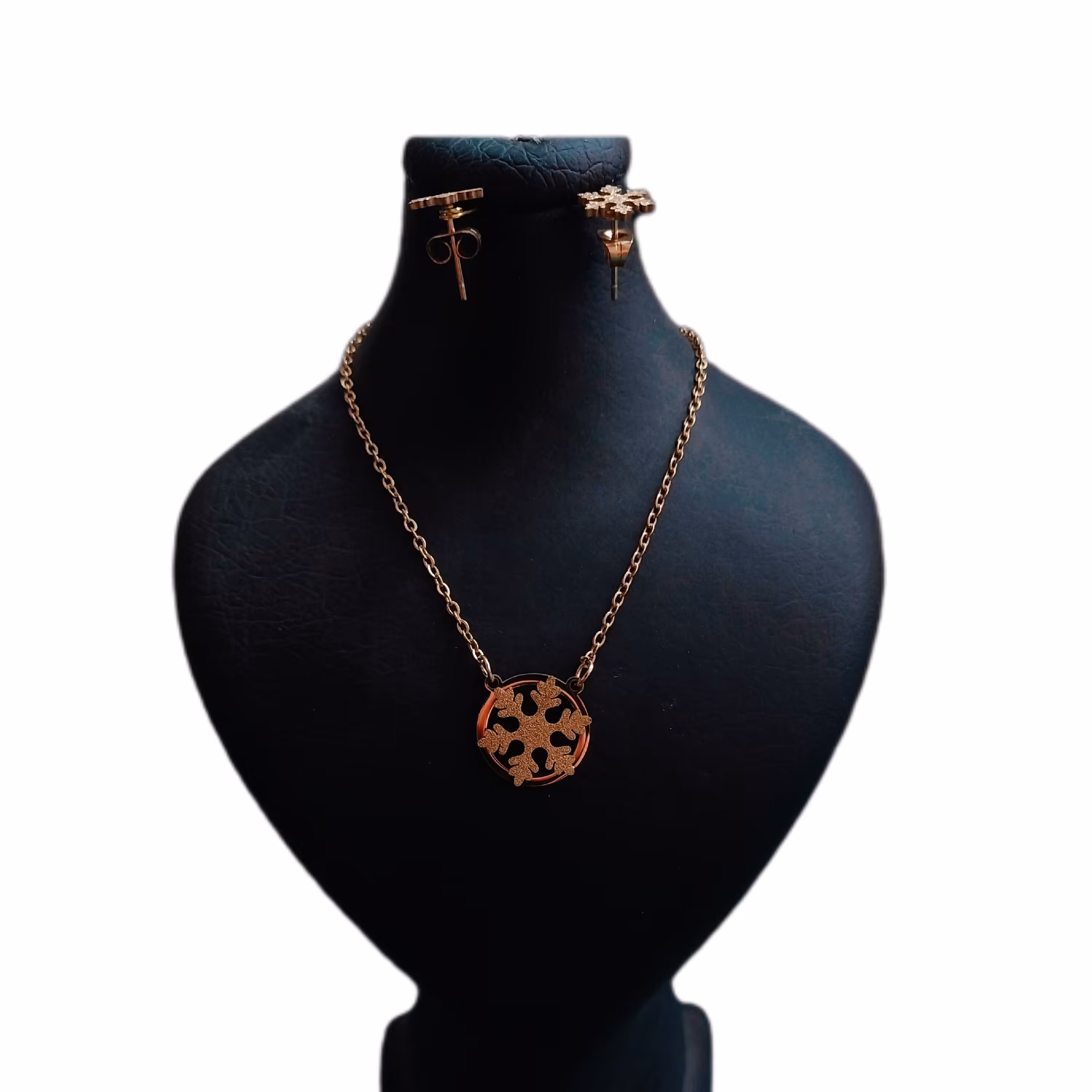 نیم ست طلایی رنگ  گوشواره و گردنبند شاین دار با طرح دانه برف