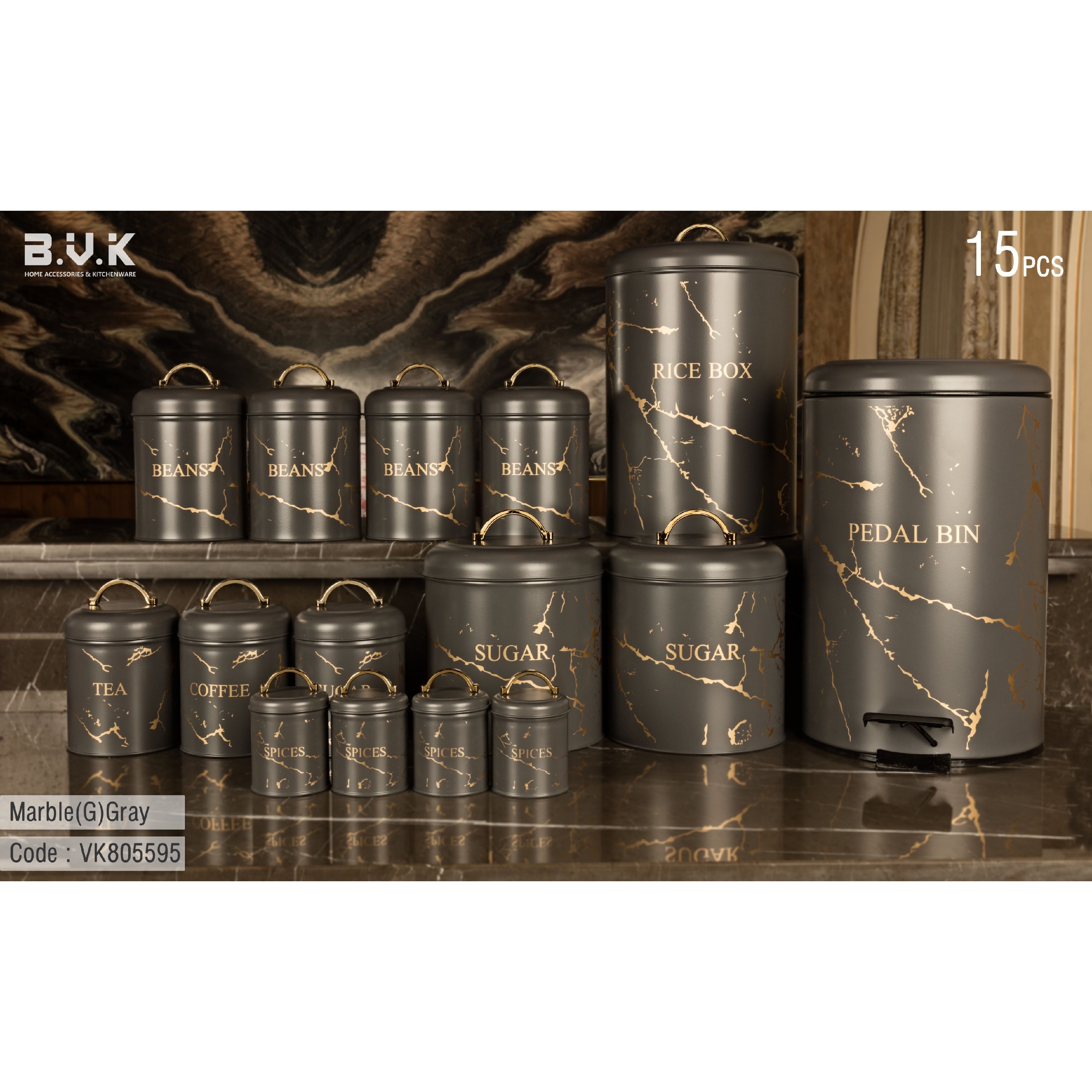 سرویس آشپزخانه 805595 دودی طلایی ماربل 16 پارچه بی وی کی