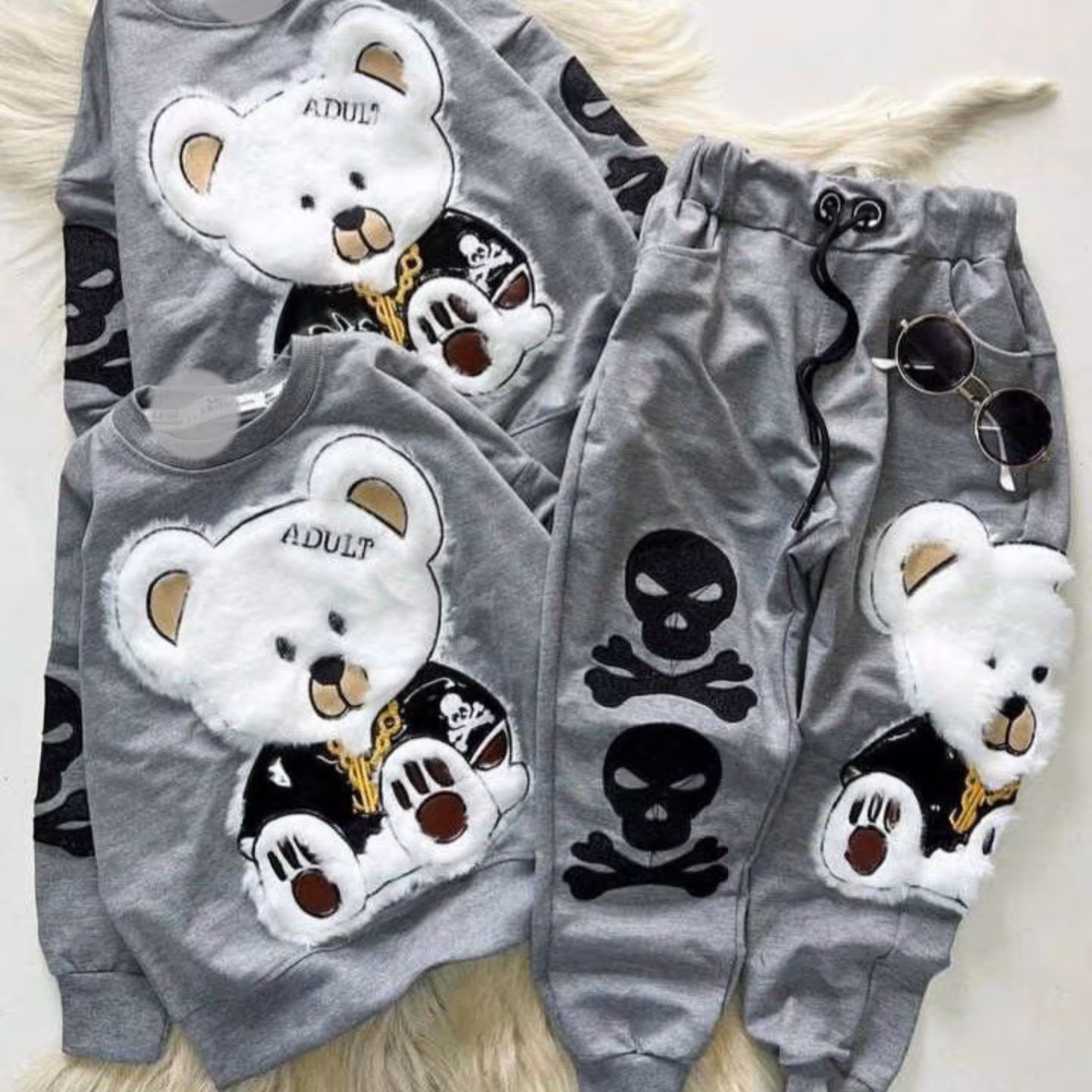 ست  بچگانه دو تیکه تدی اسکلتی جنس دورس ملانژ لاکرادار در سایزبندی