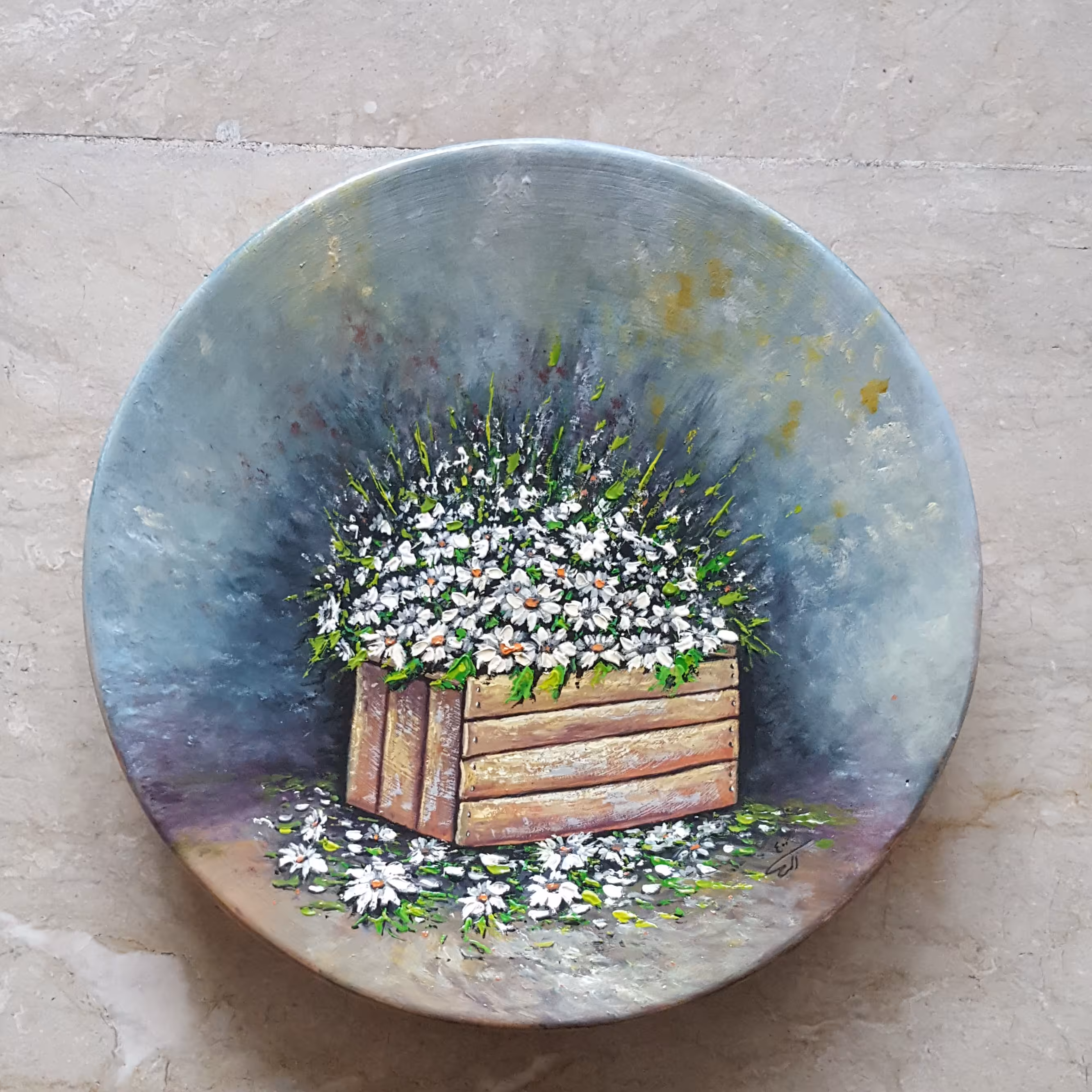 نقاشی روی سفال گل در جعبه رنگ روغن اندازه 30در 30