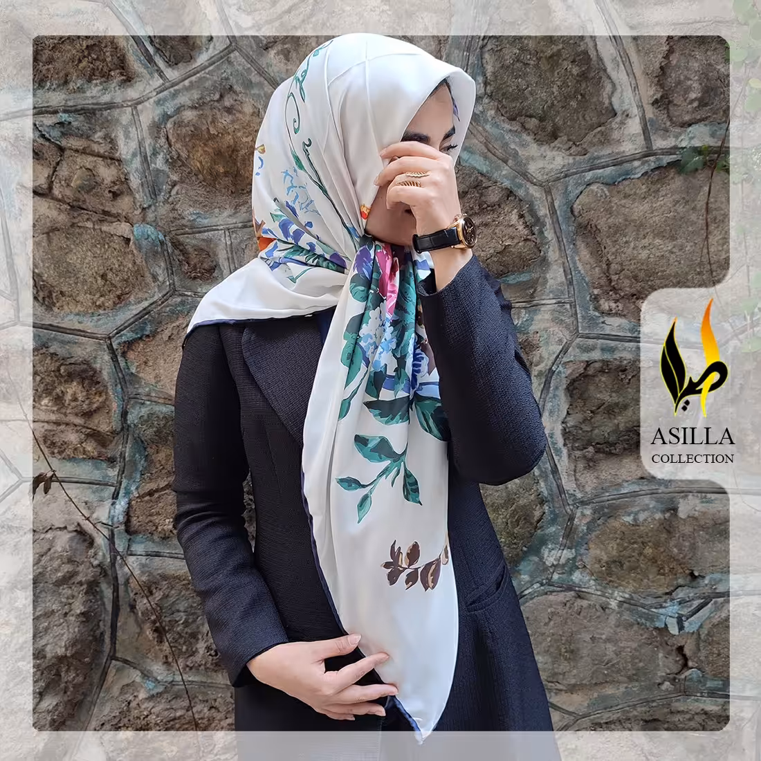 روسری ابریشم توییل سفید دور دست دوز