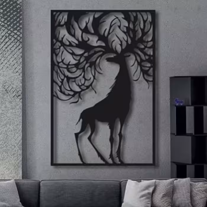 تابلو کلاسیک چوبی طرح گوزن رنگ مشکی سایز  70.90