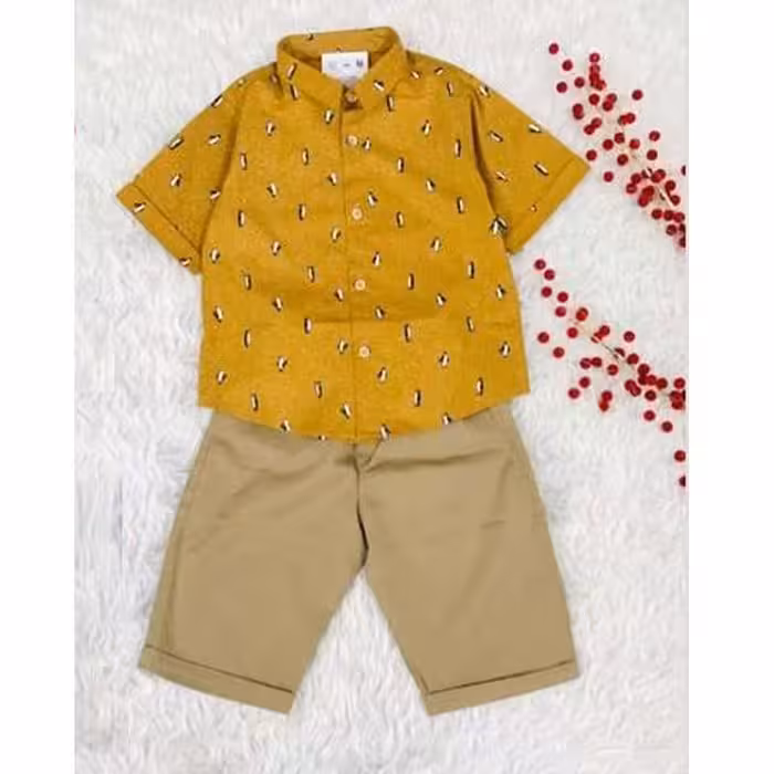 پیراهن و شلوارک کتان پسرانه ست بلوز شلوارک کتان رنگ خردلی سایز 45 بیرون پوش