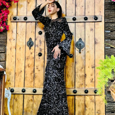 پیراهن مهمانی زنانه مخمل مدل پولکی مرجان 5349
