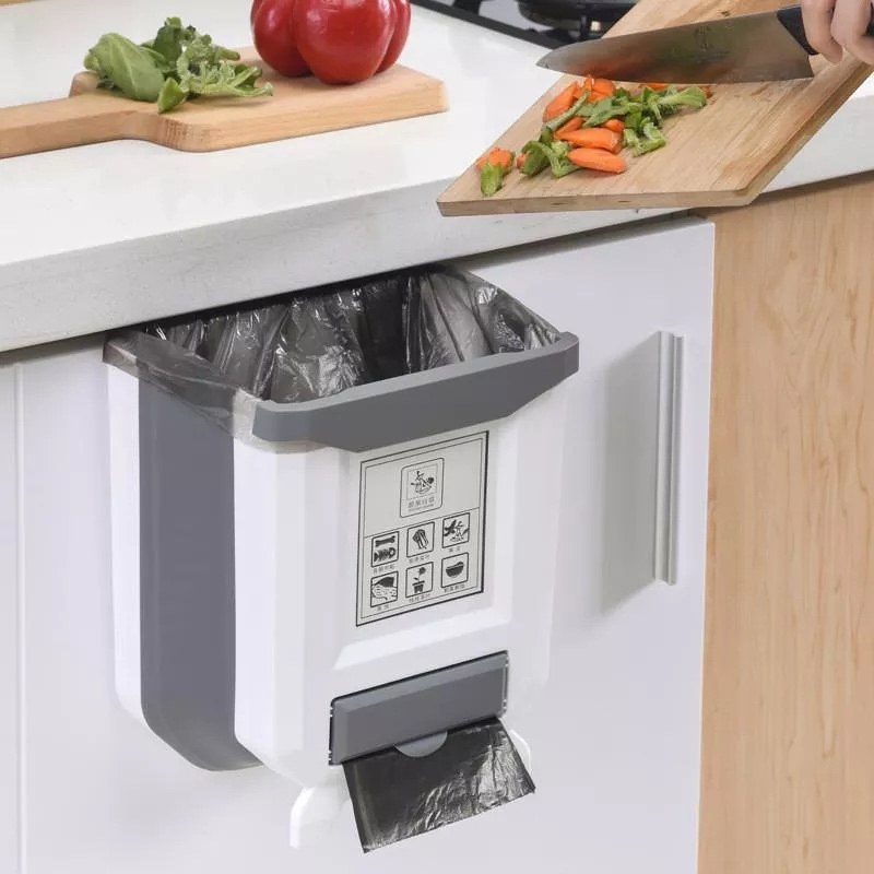 سطل زباله کابینتی مدل تاشو سیلیکونی رنگ سفید-طوسی