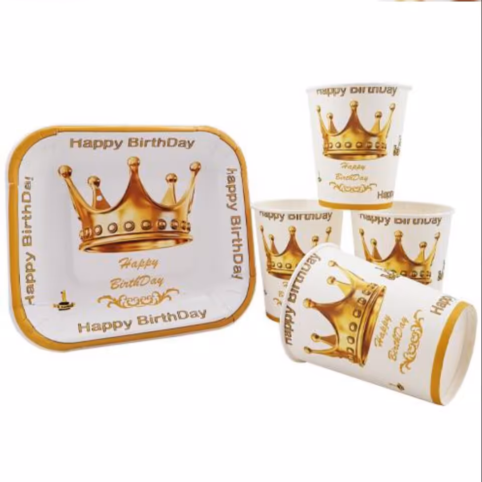 تم تولد لیوان و بشقاب تم تاج سفید(پک 10عددی)