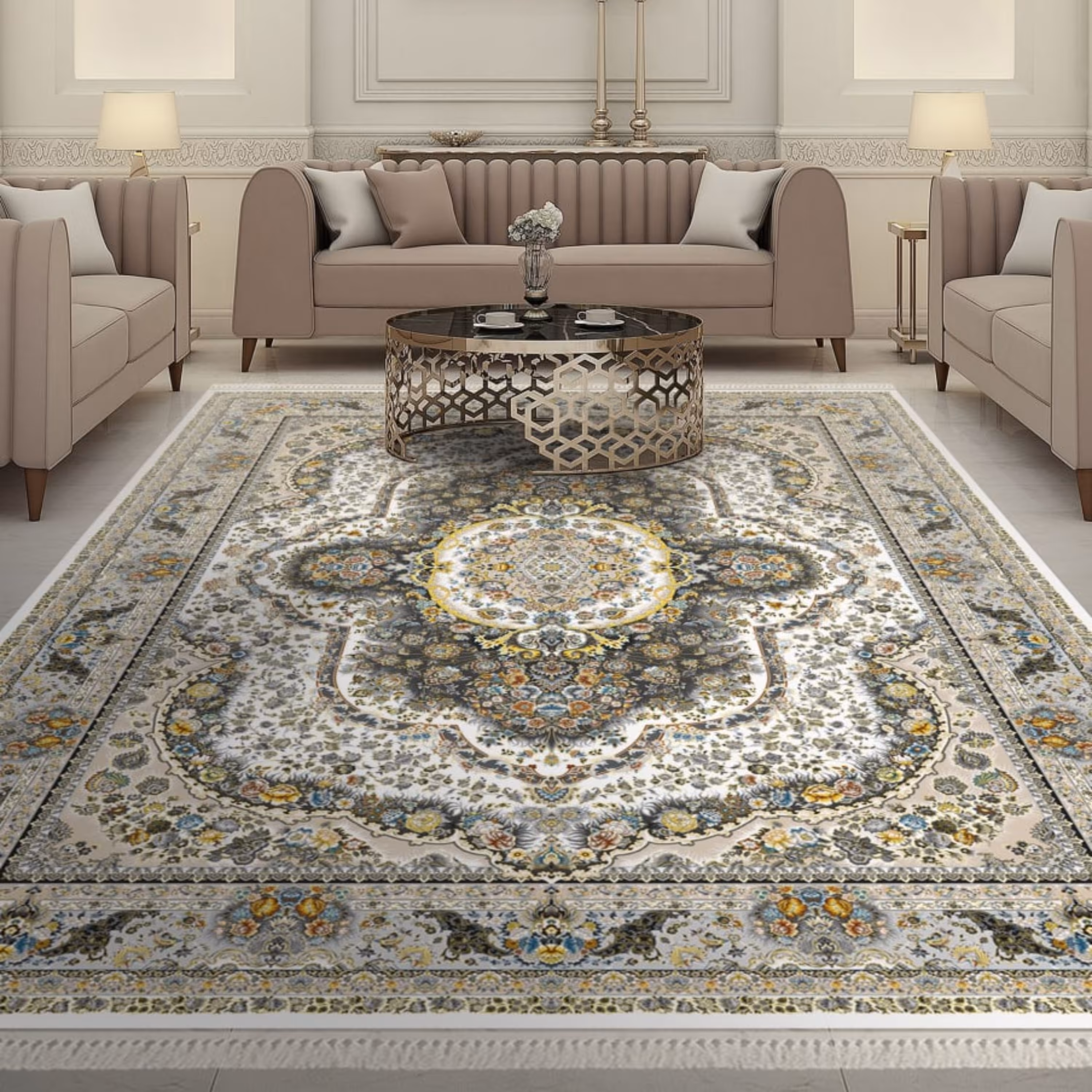 فرش پاتریس 1200شانه گل برجسته طرح مارالان کرم 9متری