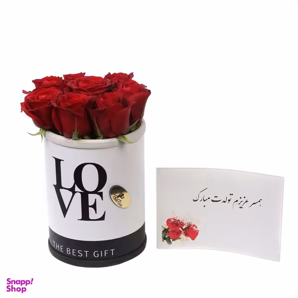 سبد گل رز راتا رز کد W8 به همراه کارت تبریک طرح همسر عزیزم تولدت مبارک