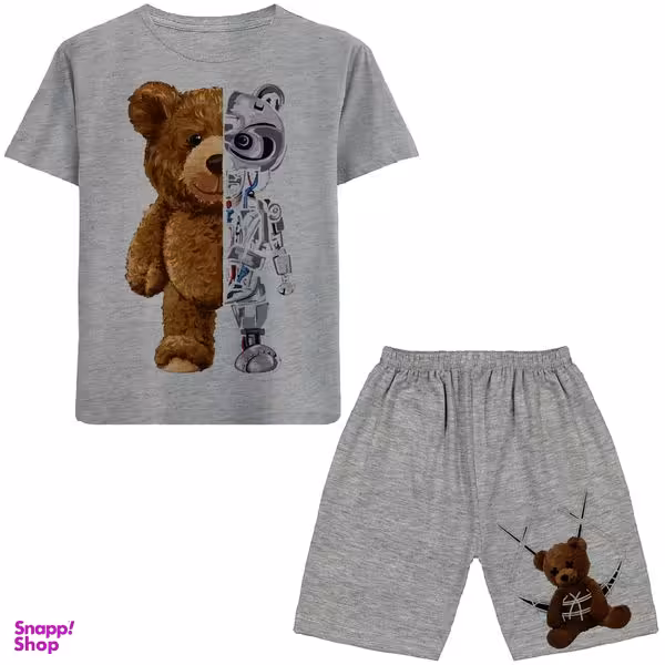 ست تیشرت و شلوارک پسرانه مدل خرس کد N125 رنگ طوسی