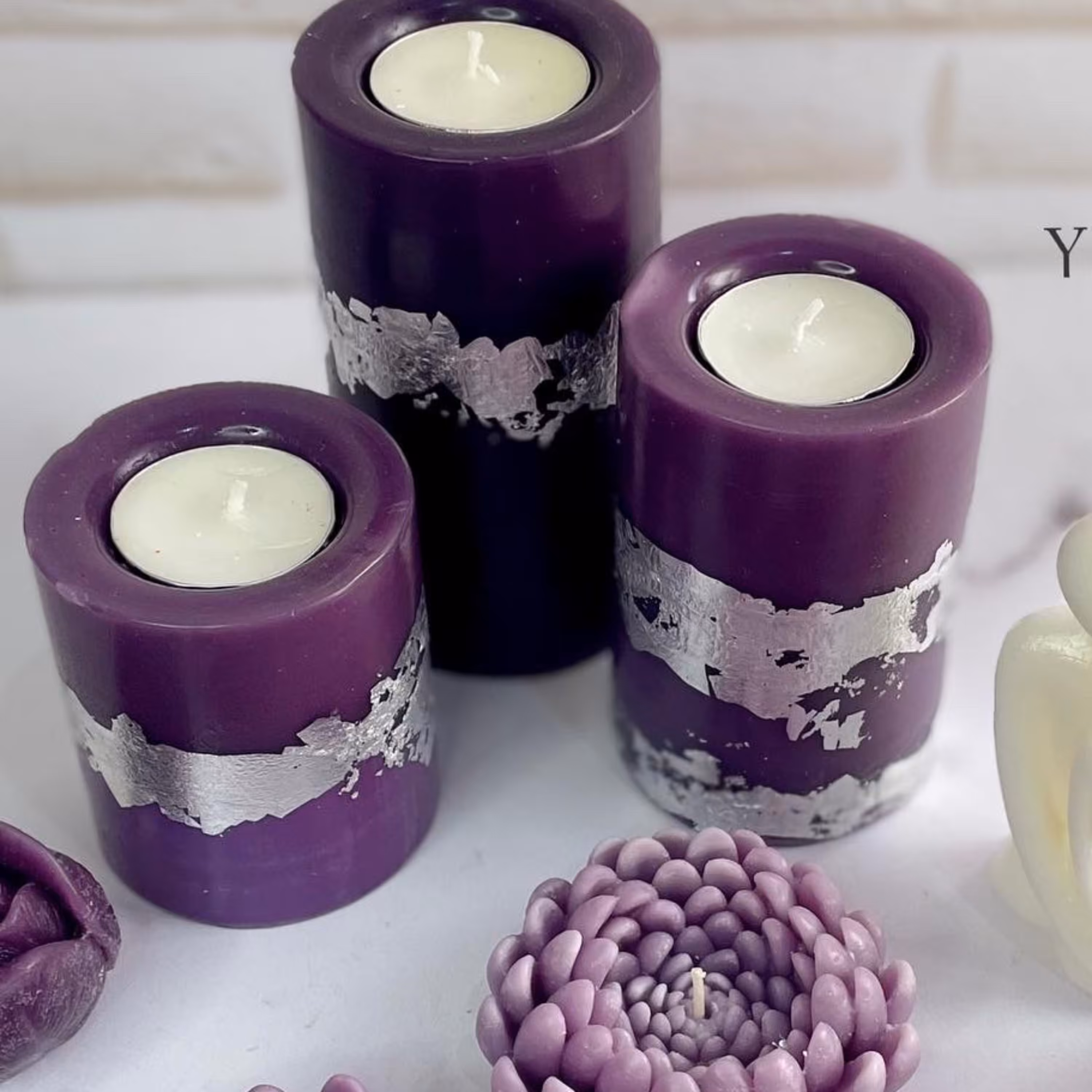 ست شمع سه عددی استوانه وارمردار طرح ورق نقره